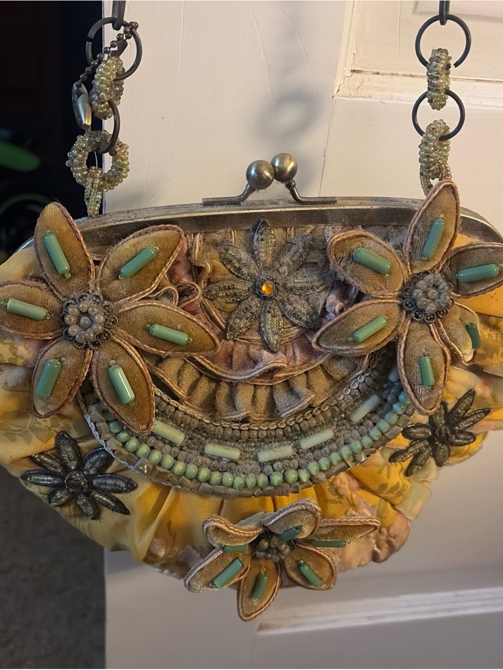 Mary Frances Embellished Yellow Floral Beaded Womenโs Clutch